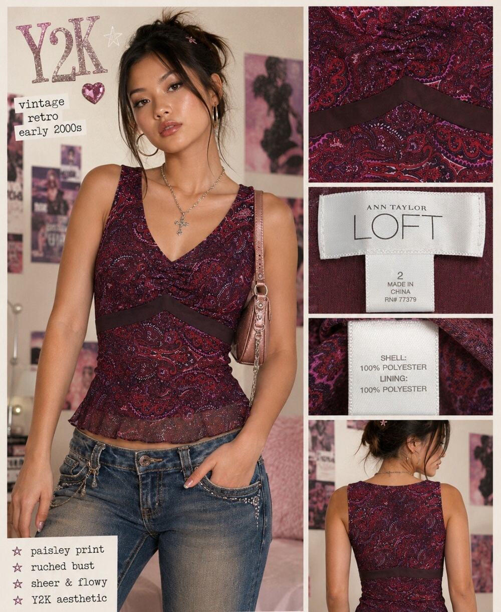 Y2K Indie Babydoll Ann Taylor LOFT Empire Waist Tank Sz 2 Burgundy Paisley Print
